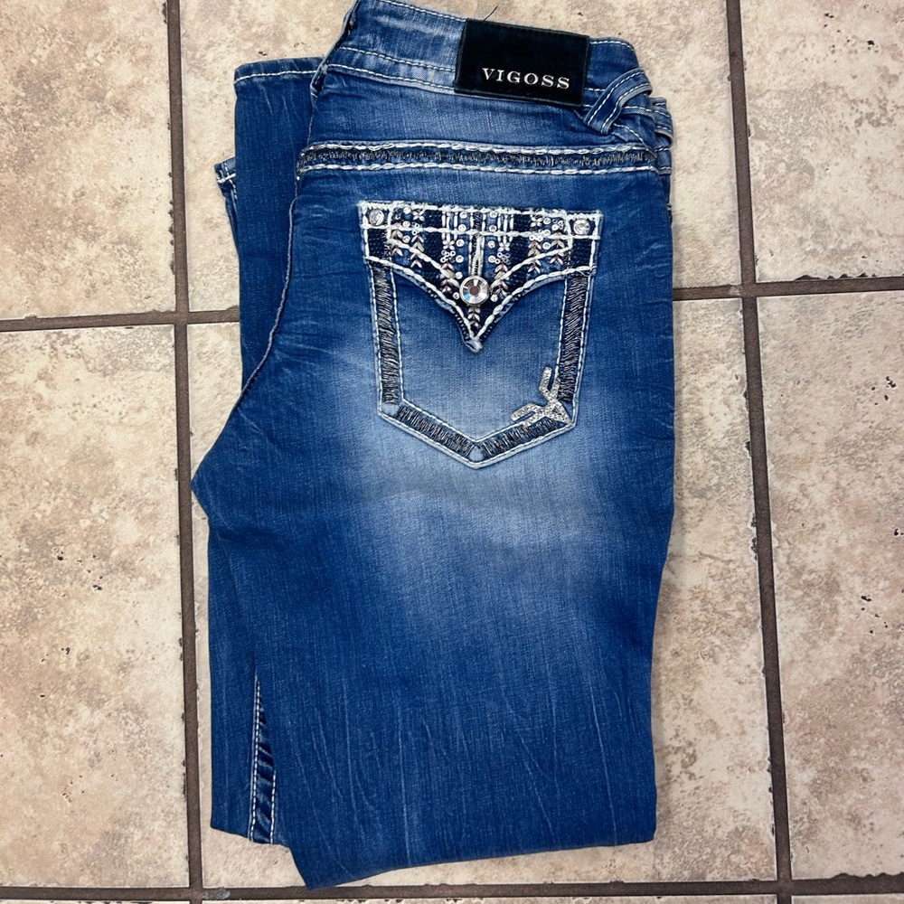 Vigoss Women's Blue Boot Cut Jeans with Embellished Back Pockets